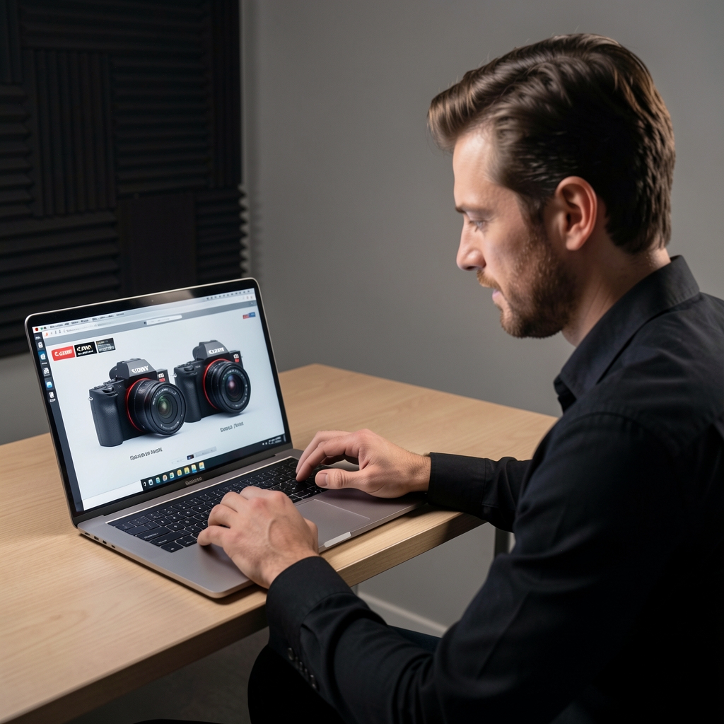 Profesionalni fotograf u studiju koji upoređuje specifikacije Sony i Canon mirrorless kamera na laptop ekranu