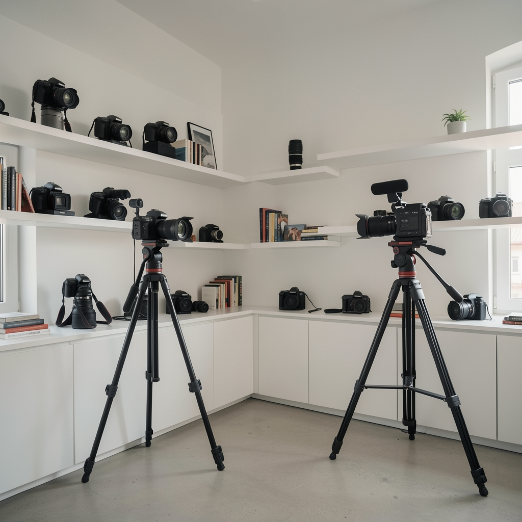 Moderni foto studio u Beogradu sa profesionalnom foto opremom, kamerama i rasvetnom opremom na belim policama
