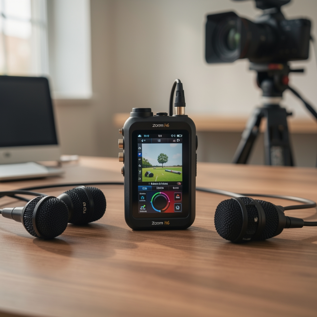 Zoom H6 audio rekorder crne boje sa priključenim mikrofonima na stolu tokom video produkcije