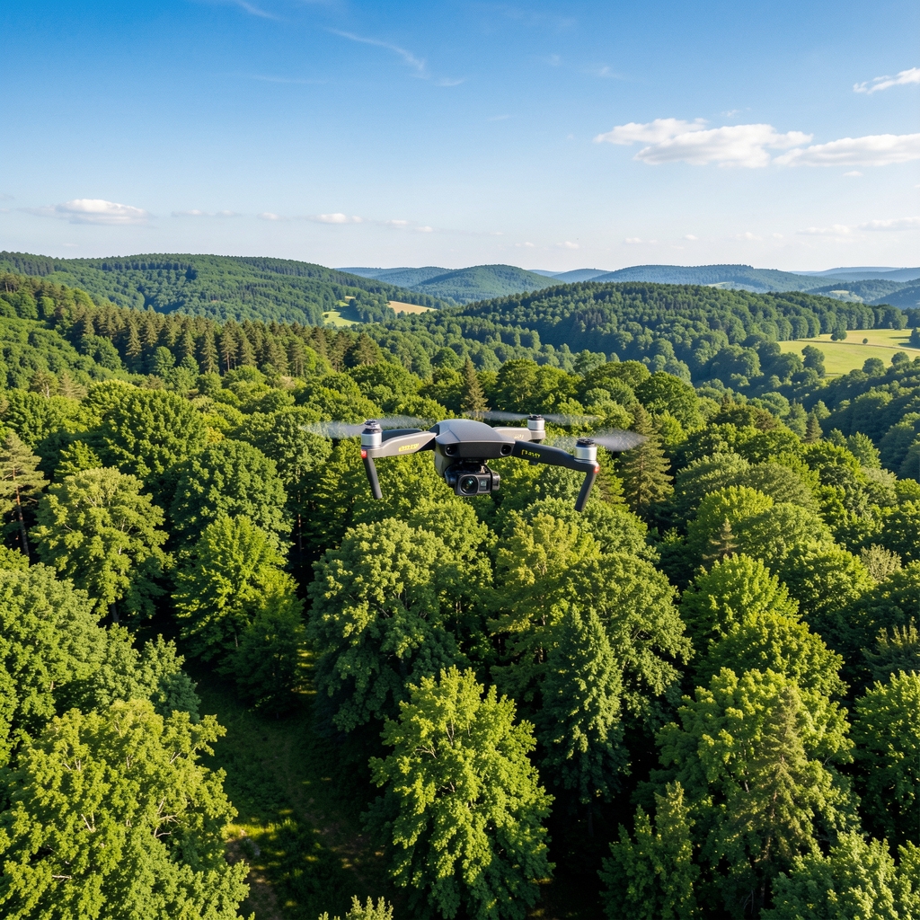 DJI dron koji leti iznad zelene šume u Srbiji, lep krajolik srpske prirode snimljen dronom, plavo nebo i zelene krošnje drveća
