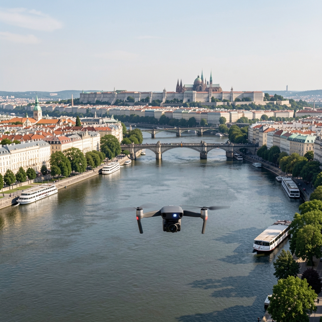 DJI Mini 4 Pro dron leti iznad reke Save u Beogradu sa panoramom Kalemagdana u pozadini