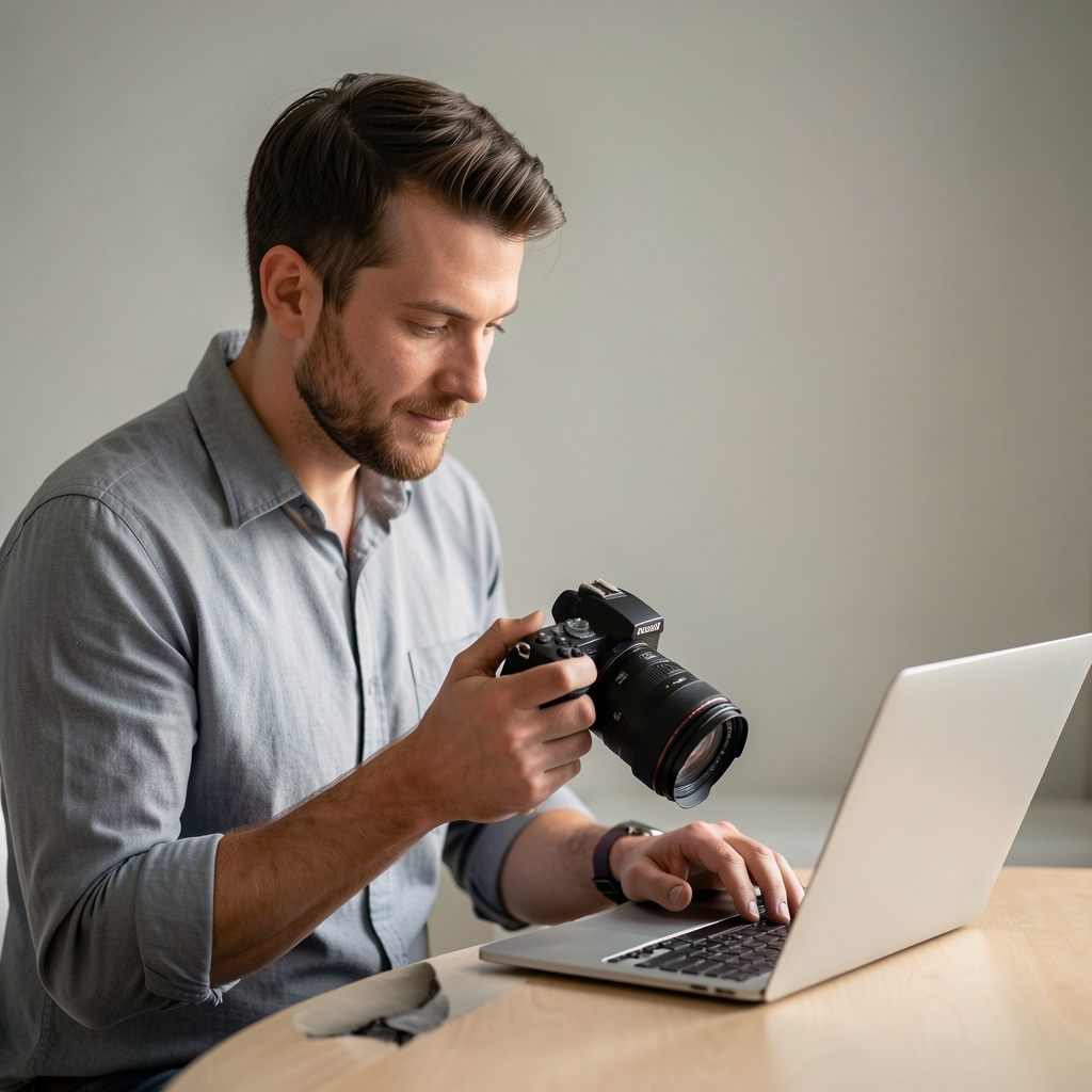 Profesionalni fotograf u studijskom okruženju sa mirrorless kamerom i objektivom u rukama analizira snimke na laptopu