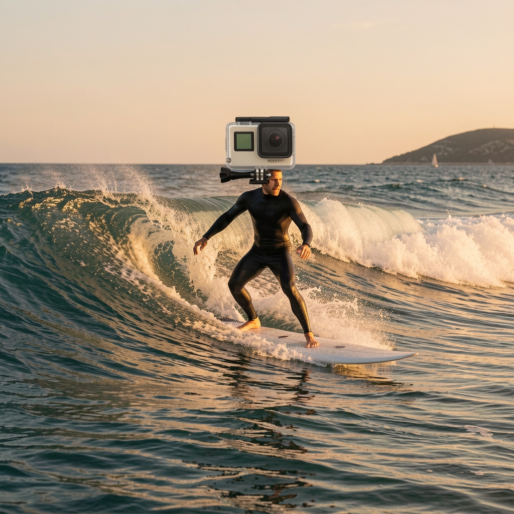 Surfer sa GoPro kamerom na glavi snima valove na Jadranskom moru tokom zlatnog sata