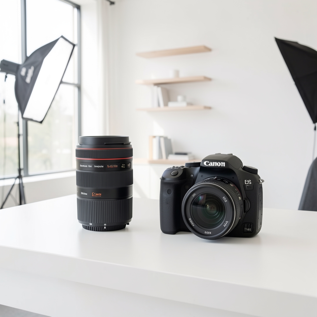 Poređenje mirrorless Sony Alpha i Canon EOS DSLR fotoaparata na beloj podlozi u profesionalnom foto studiju