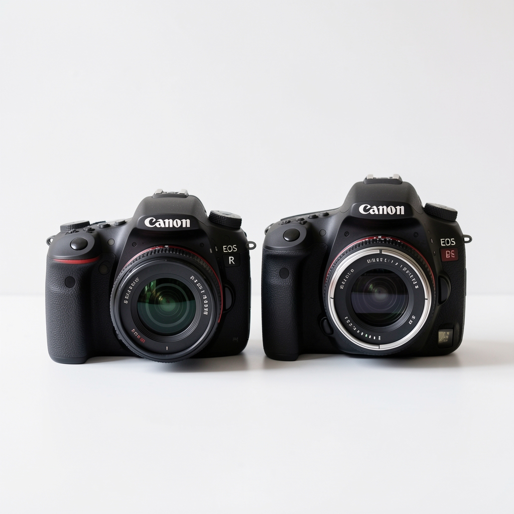 Poređenje mirrorless i DSLR fotoaparata, obe vrste kamera postavljene jedna pored druge na beloj površini, Canon EOS R i Canon 5D