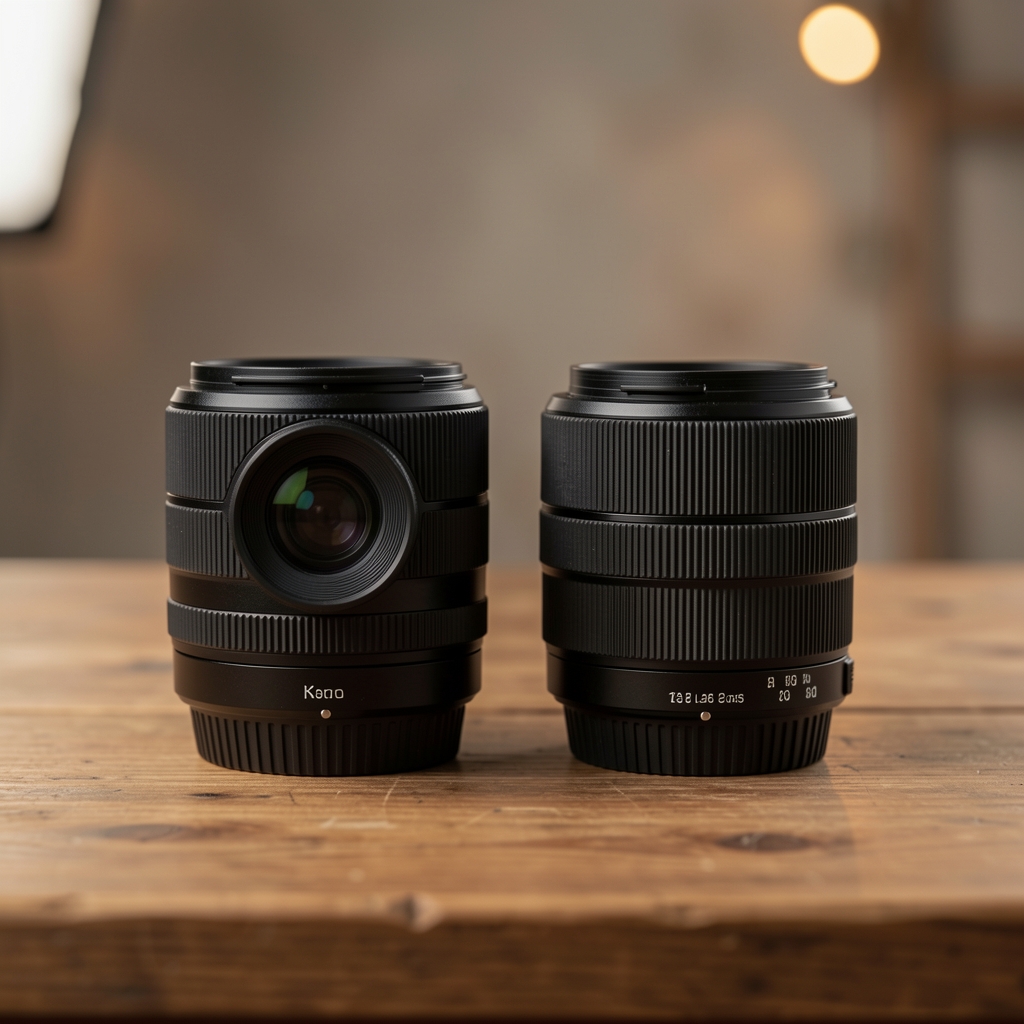 Tri Sigma Art objektiva poređana jedan pored drugog na drvenom stolu u foto studiju sa blagim bokeh pozadinom