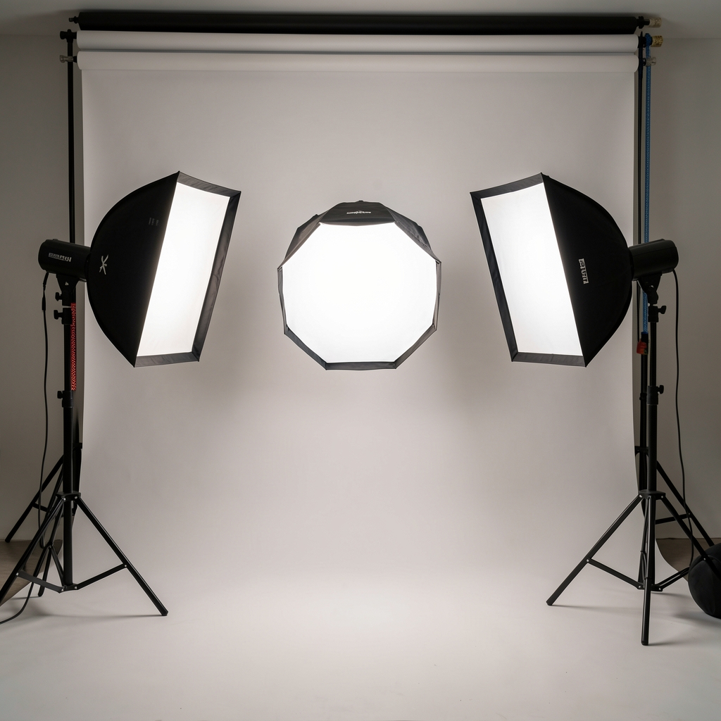 Profesionalni studio za fotografisanje sa LED reflektorima i softboks rasvjetom, bijela pozadina i oprema za snimanje portreta