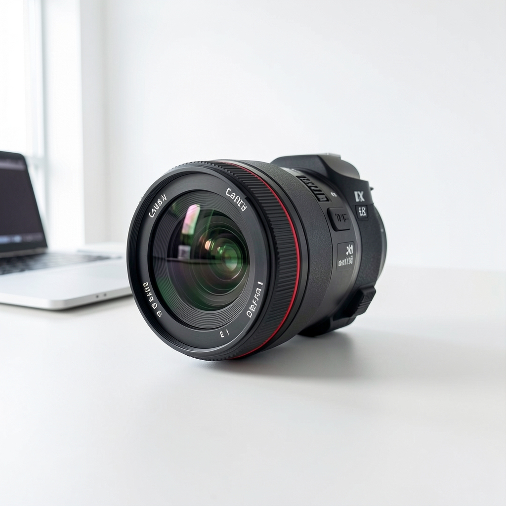 Canon RF 24-105mm f/4L IS USM zum objektiv na beloj studijskoj pozadini, bočna perspektiva sa vidljivim Canon RF mount sistemom i L serija crvenim prstenom