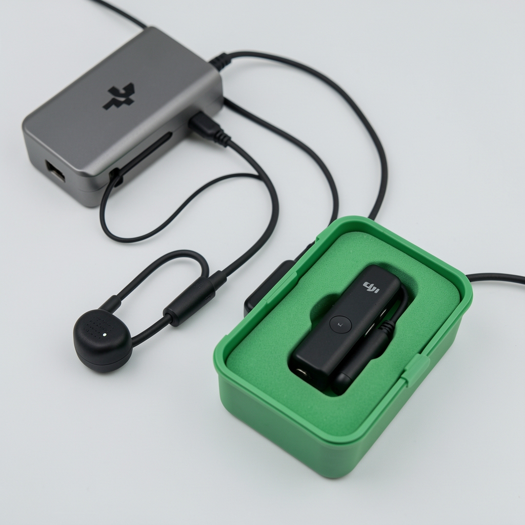 DJI Mic 2 bežični lavalier sistem sa predajnikom na reveru i prijemnikom u zelenoj kutijici za punjenje