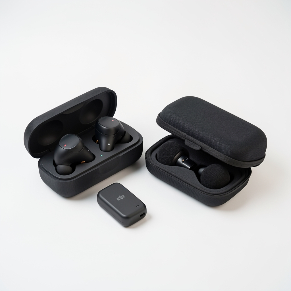 DJI Mic 2 wireless mikrofon set sa dva predajnika, prijemnikom i case za punjenje na beloj podlozi
