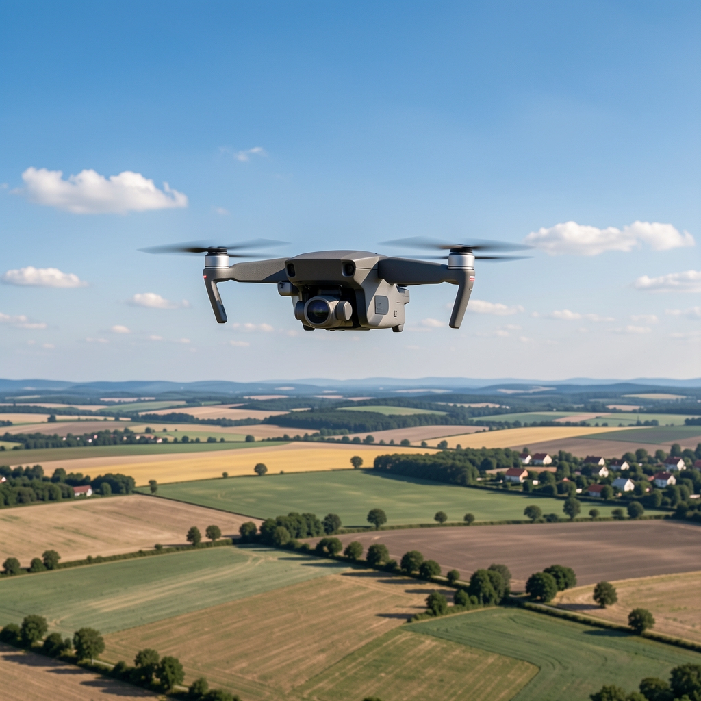 DJI Mini 4 Pro dron u letu iznad srpske ravnice sa plavim nebom i malim oblacima, snimak iz bočne perspektive