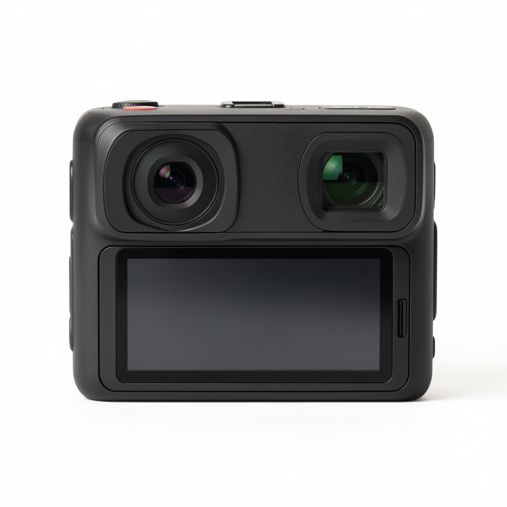 DJI Osmo Action 4 akciona kamera u crnoj boji sa prednjim zaslonom i dvostrukim ekranom, prikaz iz prednje strane na beloj pozadini