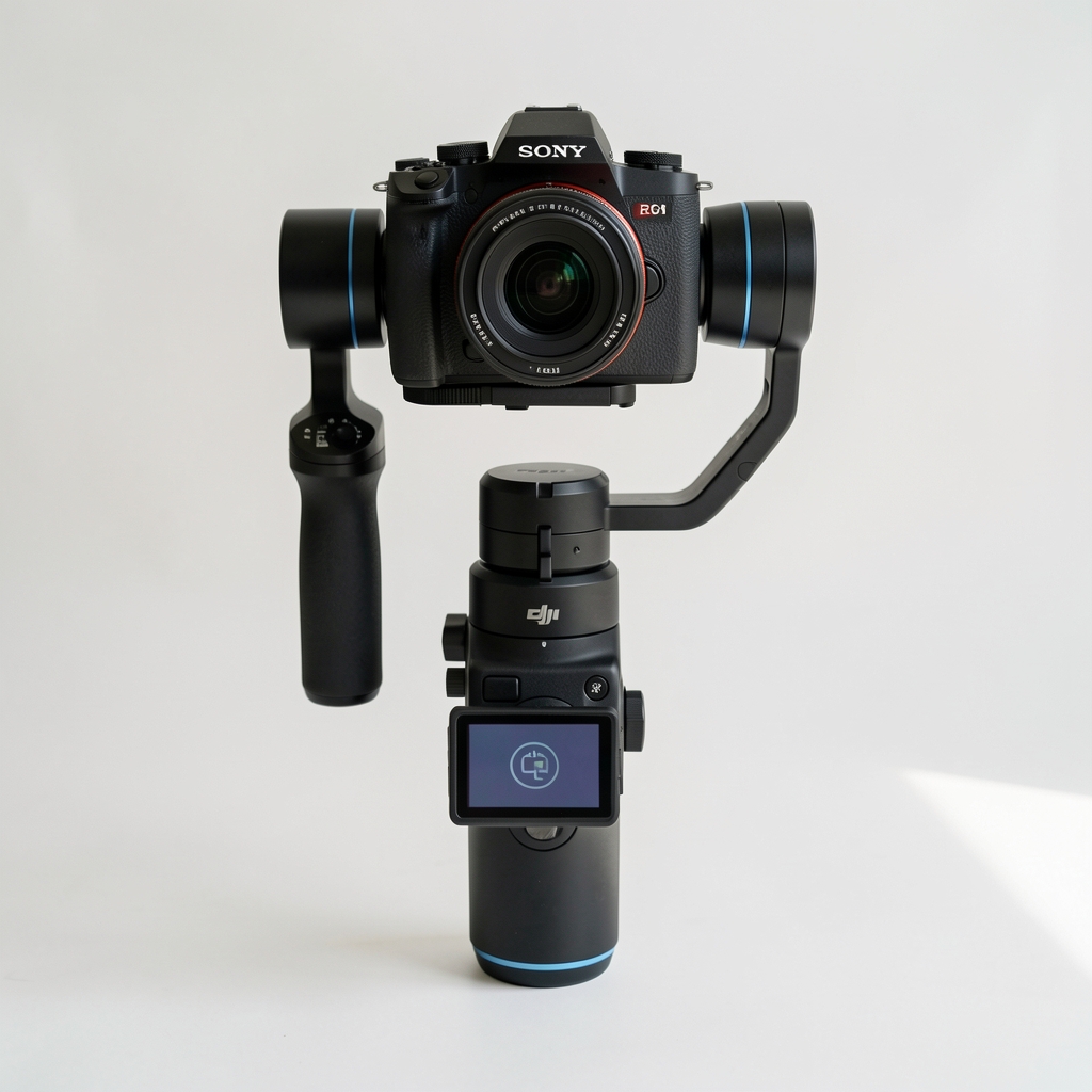 DJI RS3 Pro trostepeni gimbal stabilizator sa montiranom Sony mirrorless kamerom, prikaz sa rukovatima i OLED ekranom
