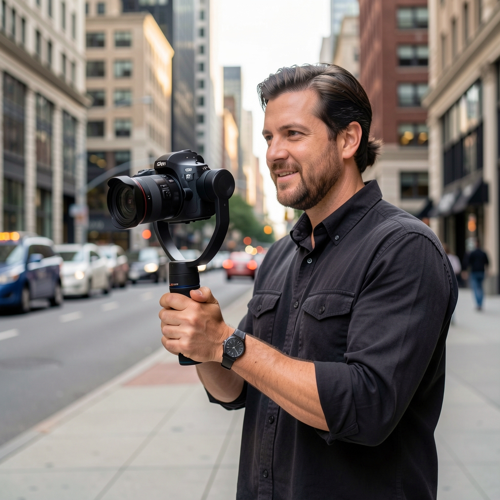 Snimatelj drži DJI RS3 Pro gimbal tokom snimanja u urbanom okruženju