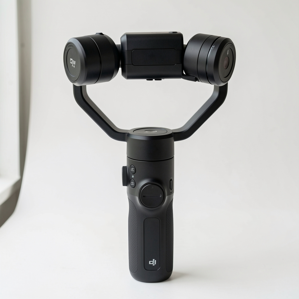 DJI RS 4 gimbal stabilizator za kamere, crna kompaktna konstrukcija sa motorima na tri ose, drška za jednom rukom, elektromotorni stabilizator za videografiju
