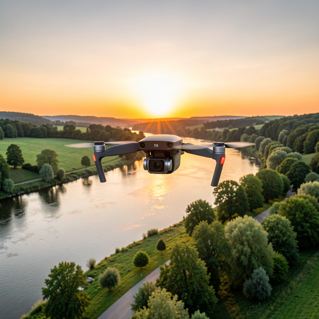 DJI Mavic 3 Pro dron u letu na zalasku sunca iznad srpske reke sa vidljivom kamerom i zelenim pejzažem u pozadini