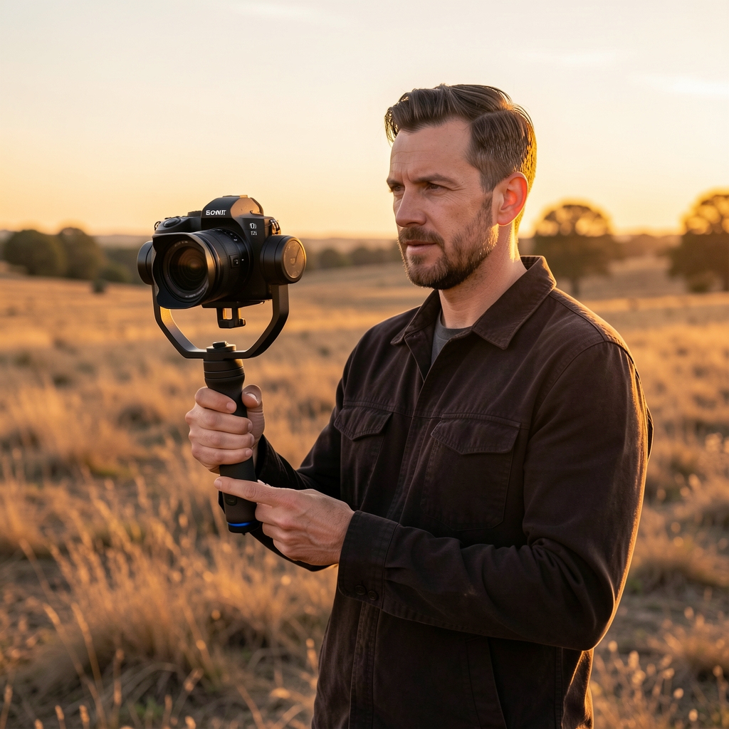 Filmski snimatelj drži DJI RS4 Pro gimbal sa Sony mirrorless kamerom tokom snimanja na otvorenom prostoru u zlatnom svetlu zalaska sunca