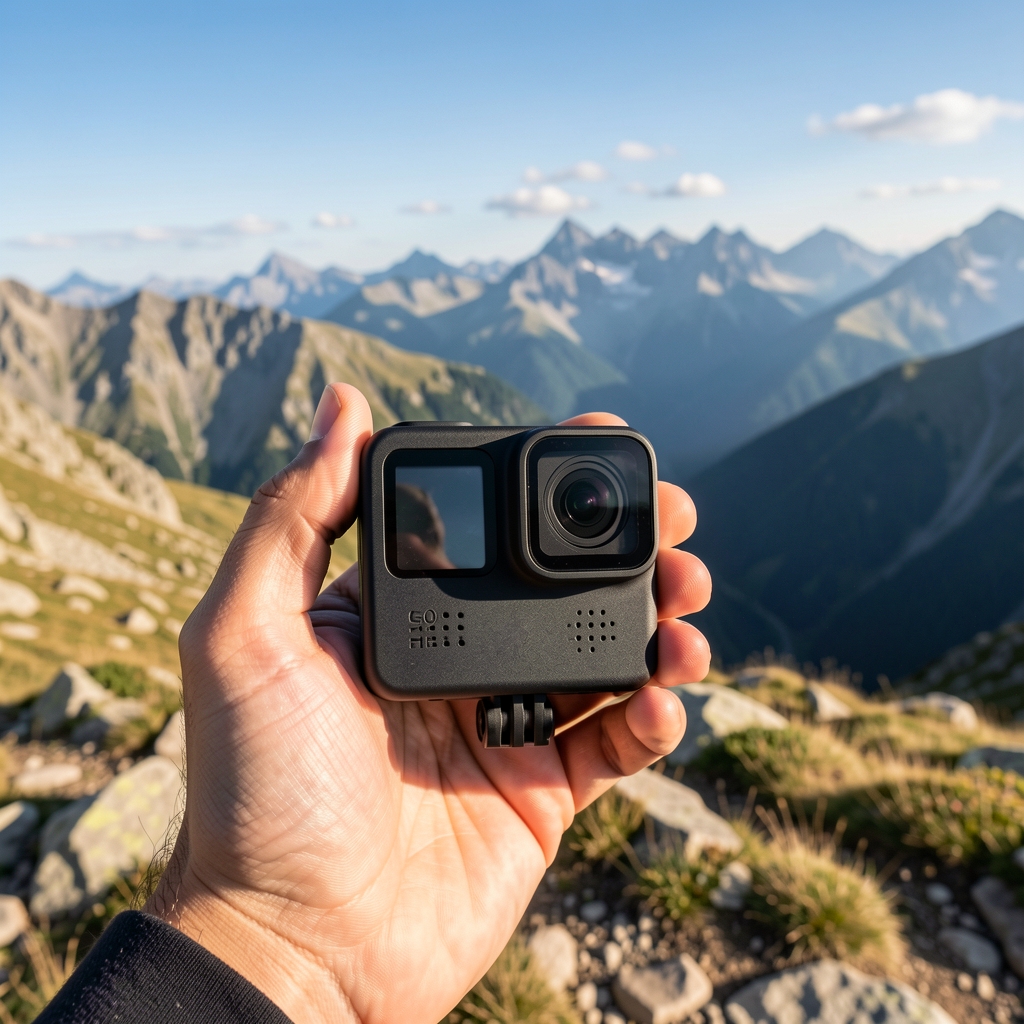 GoPro HERO13 Black akciona kamera crne boje u ruci na planinskom terenu sa panoramom u pozadini