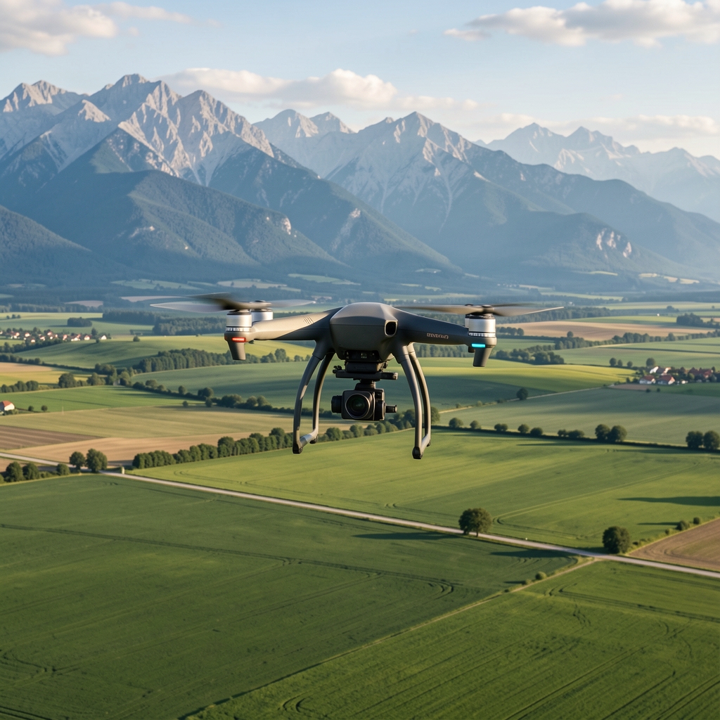 DJI dron u letu iznad zelenih polja Srbije sa planinskim krajolikom u pozadini