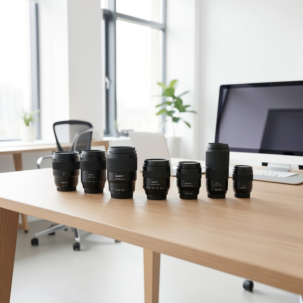 Kolekcija Canon i Sony fotografskih objektiva raznih žiških dužina poređanih na drvenom stolu