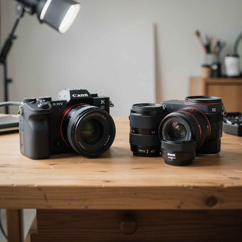Poređenje Sony i Canon mirrorless kamera na stolu studijskog fotografa sa objektivima raspoređenim okolo