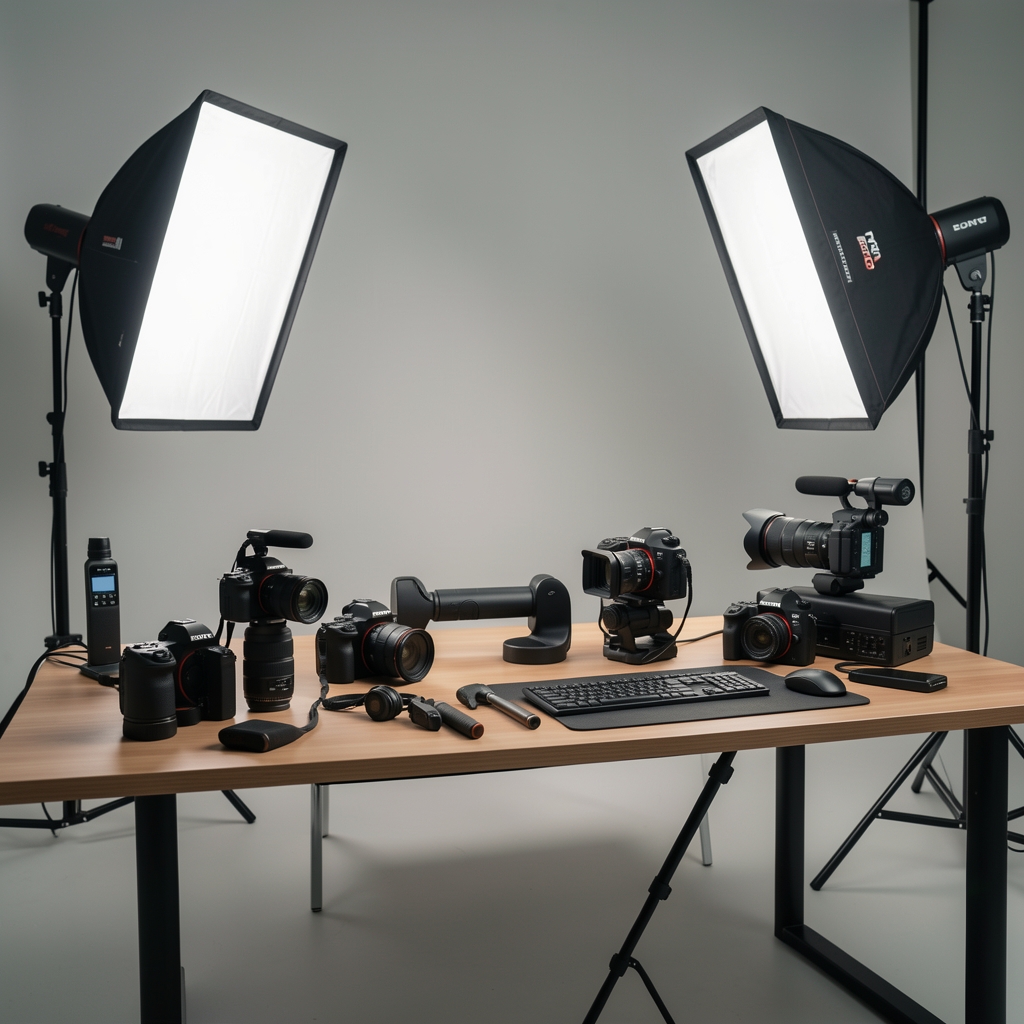 Profesionalni foto studio sa kamerama Sony i Canon, reflektorima i opremom na radnom stolu — moderno okruženje za video produkciju