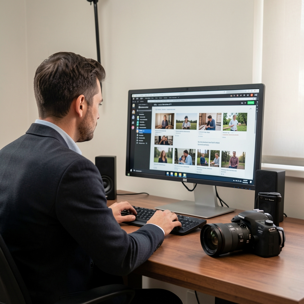Profesionalni fotograf koji radi u studiju, sedi za računarom i pregleda fotografije na velikom ekranu, profesionalna kamera na stolu pored njega