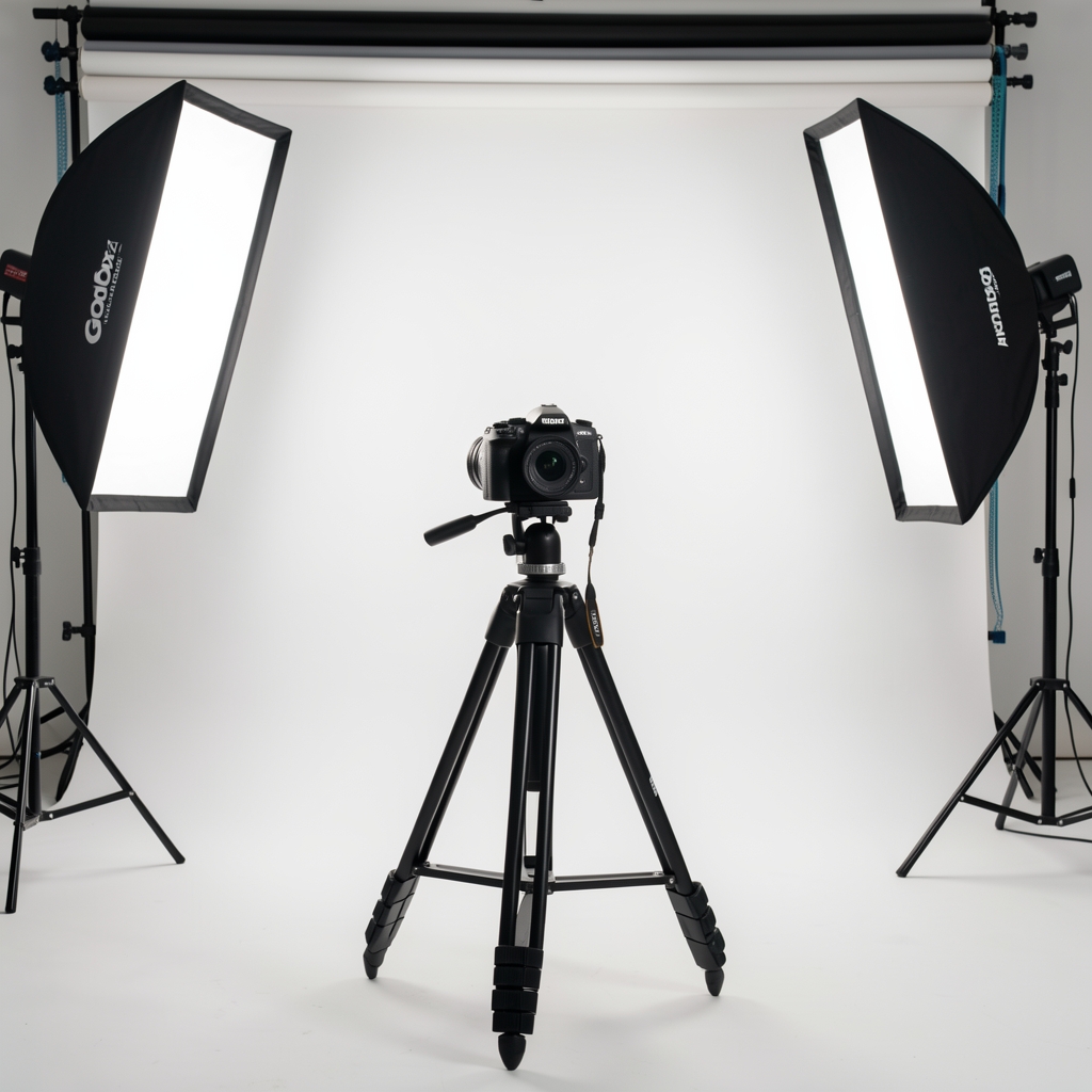 Profesionalni foto studio sa Godox i Aputure LED svetlima, softbox i oktobox modifikatorima svetla, belim pozadinama i fotoaparatom na stativu