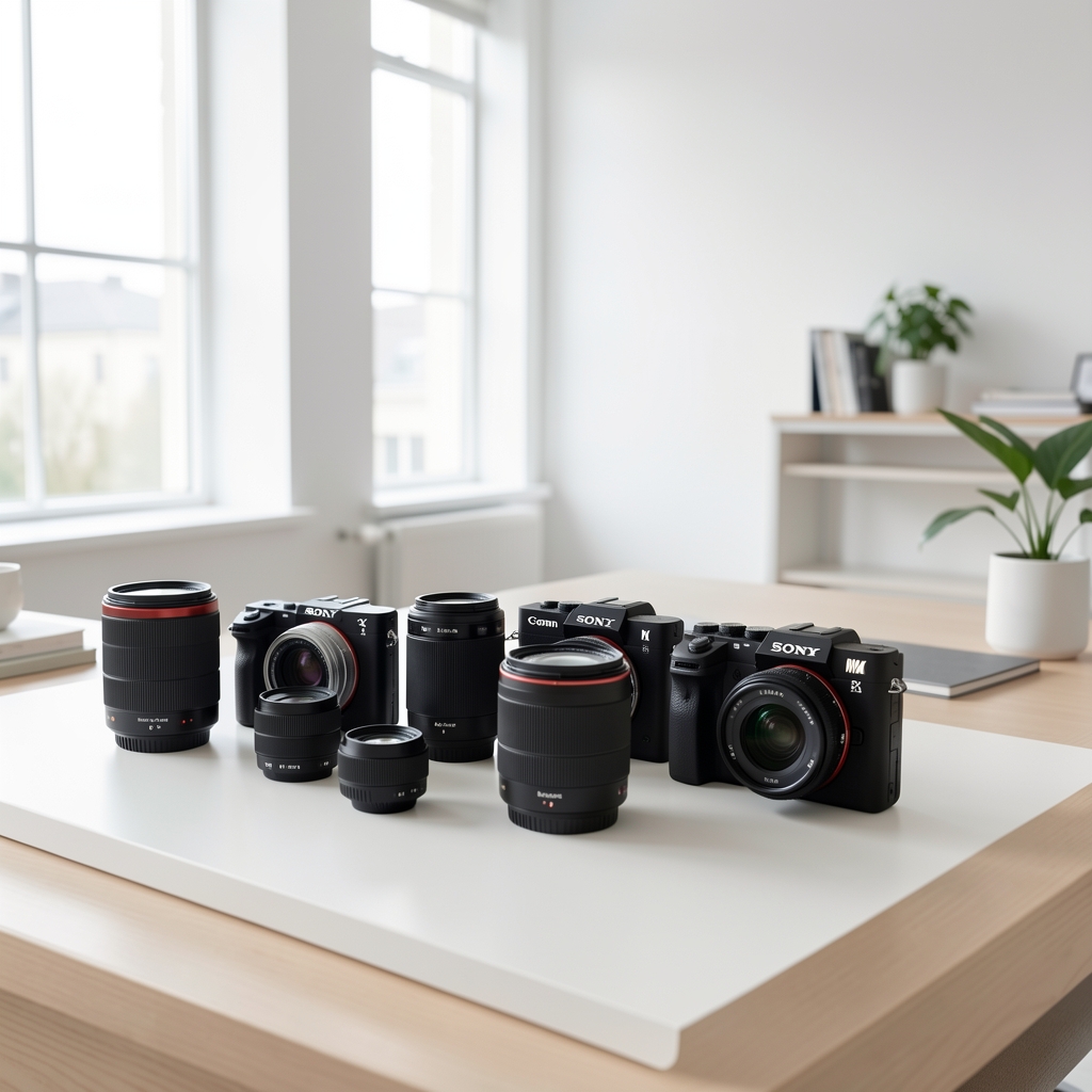 Kolekcija savremenih mirrorless fotoaparata Sony, Canon i Nikon na profesionalnoj fotografskoj podlozi sa raznolikim objektivima