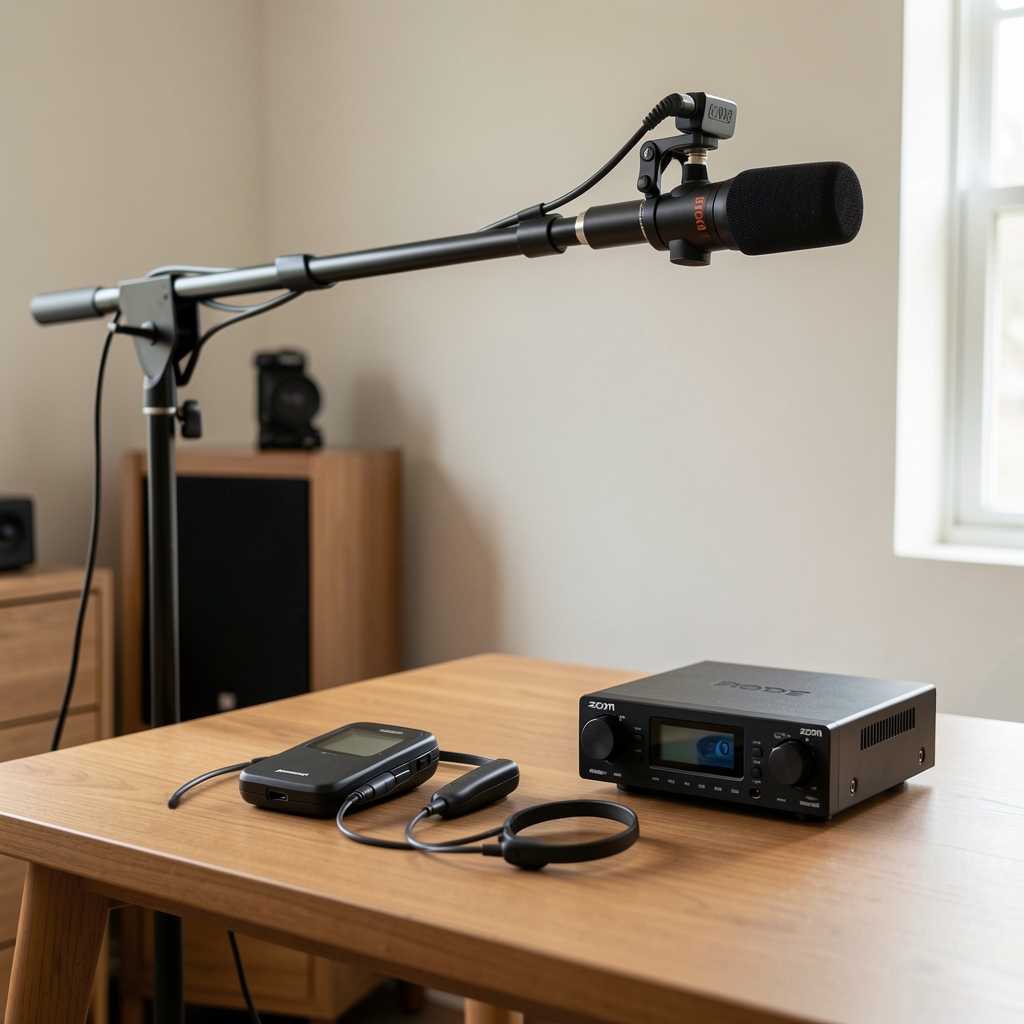 Video produkcijski setup sa Rode NTG shotgun mikrofonom na boom polu, Sennheiser wireless lavalier mikrofonom i Zoom audio rekorderom na stolu